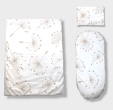 Set de lenjerie de pat pentru cărucior Rainy, 5 piese, model luxos, bej, păpădii, vară