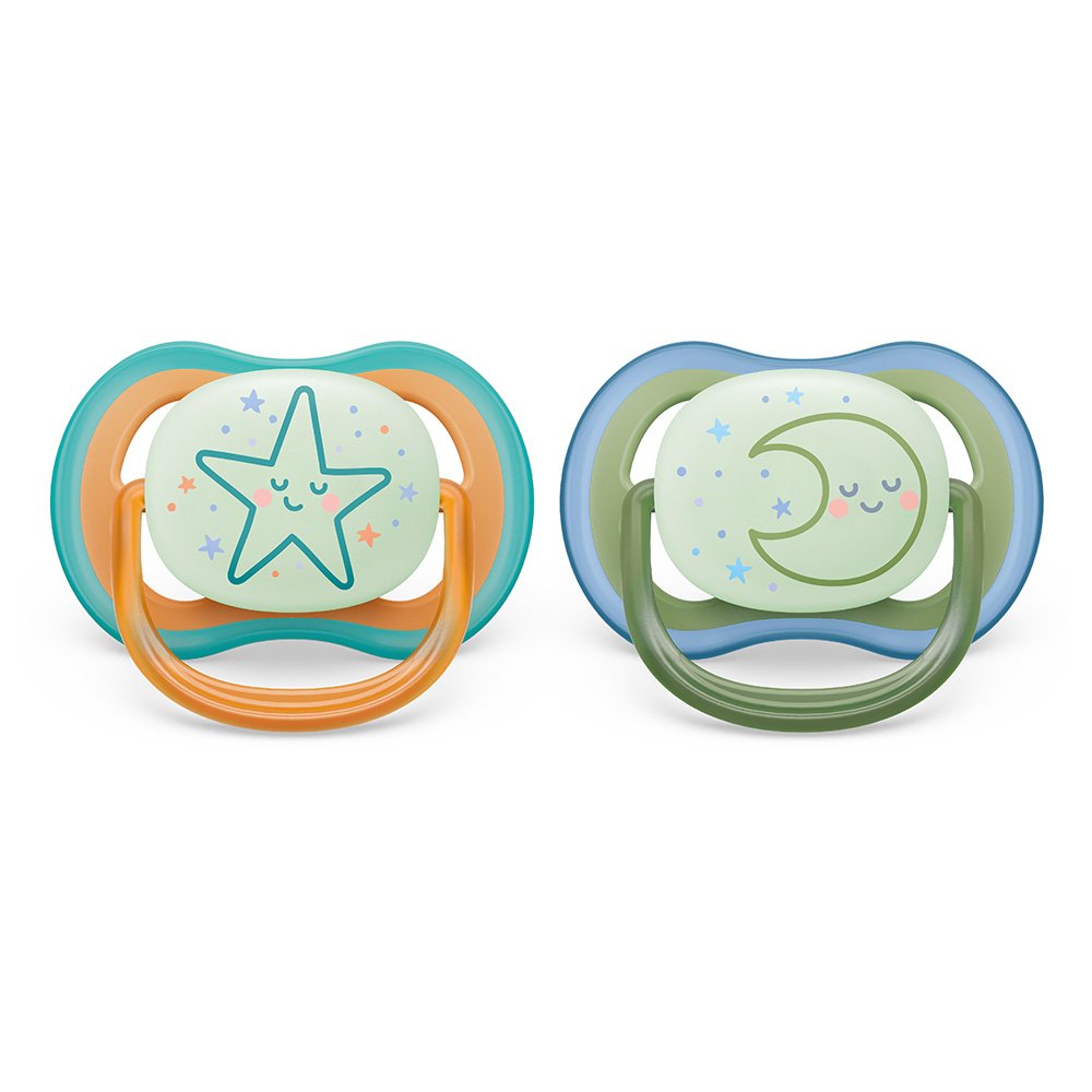 Светеща Залъгалка Ultra Air Philips Avent + Стерилизаторна Кутия, 18 М+. Звезда/Луна, 2 Бр.