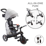 Tricicletă Globber Explorer Trike Deluxe Play 4 în 1 cu copertină, neagră.