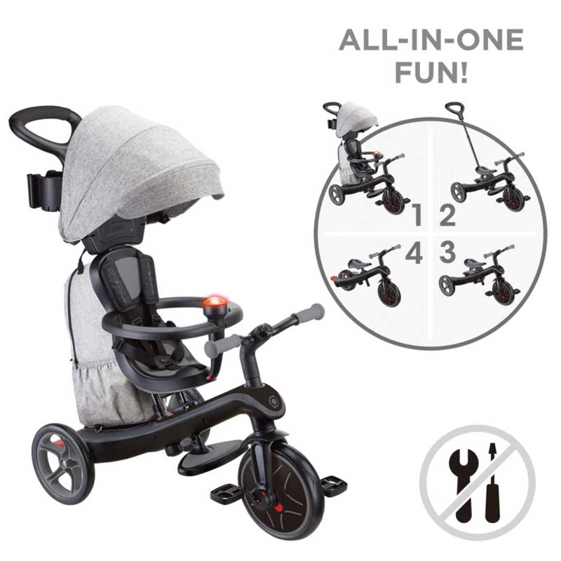 Tricicletă Globber Explorer Trike Deluxe Play 4 în 1 cu copertină, neagră.