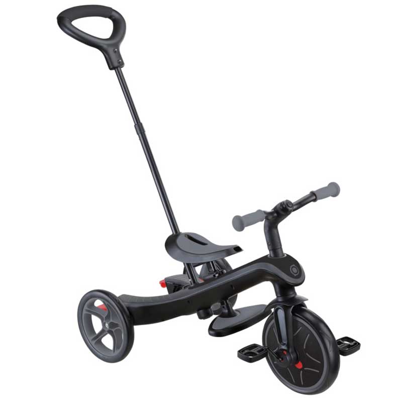 Tricicletă Globber Explorer Trike Deluxe Play 4 în 1 cu copertină, neagră.