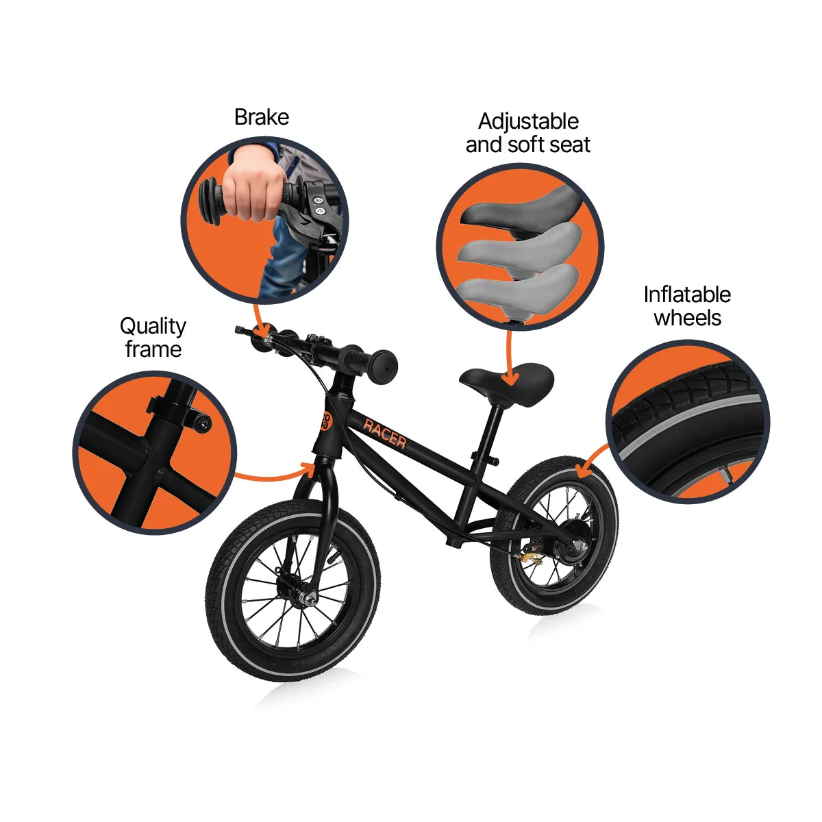 Колело За Баланс Racer С Ръчна Спирачка Charcoal Black Zopa