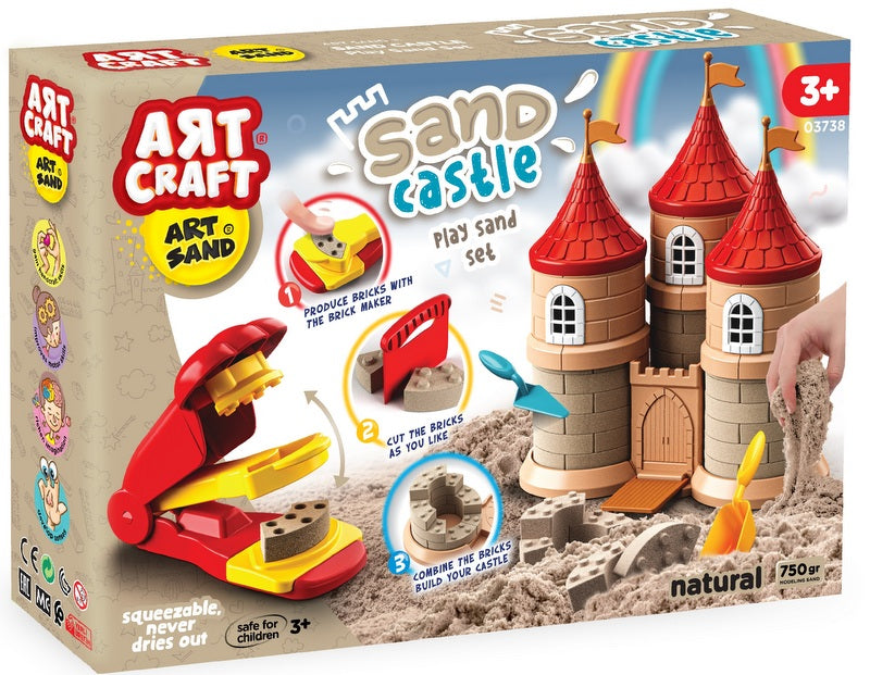 Коплект Кинетичен Пясък Замък С Кули И Матрица За Тухли И 750 Гр Кинетичен Пясък 4 Бр Инструменти 37X26X8 --- BebeMama