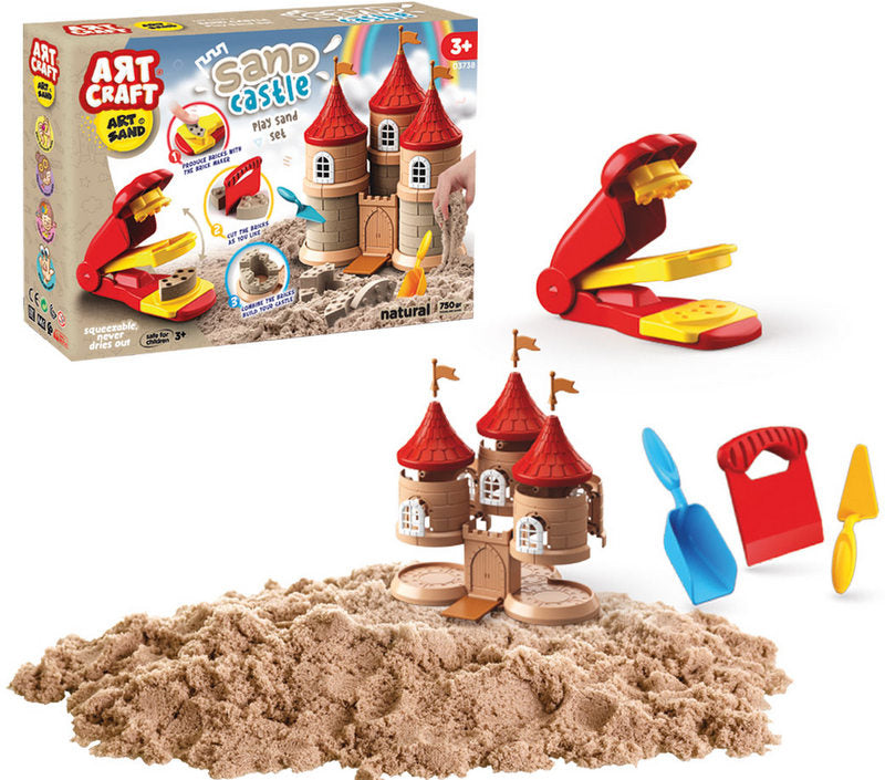 Коплект Кинетичен Пясък Замък С Кули И Матрица За Тухли И 750 Гр Кинетичен Пясък 4 Бр Инструменти 37X26X8 - Умения И Творчество - Thesmileofyourbaby - BebeMama