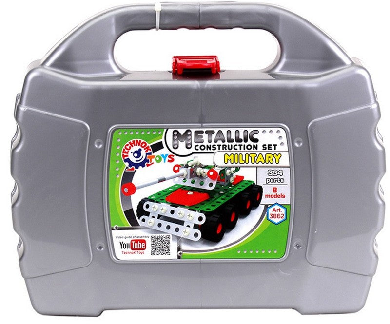 Метален Конструктор 27Х23Х9 Пластмасова Кутия С Болтове Гайки Инструменти И Гуми За Направа На Военни Машини 8 Модела 334 Елемента - Строители, Мозайки И Конструктори - Thesmileofyourbaby - BebeMama