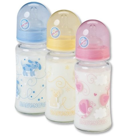 Шише Стъкло 230 Мл Силиконов Биберон Широк - Шишета За Хранене - Baby Nova - BebeMama