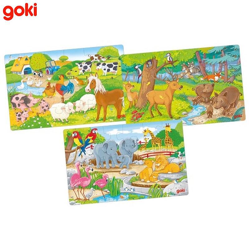 Сет От 3 Дървени Пъзела Животни - Пъзели - Goki - BebeMama