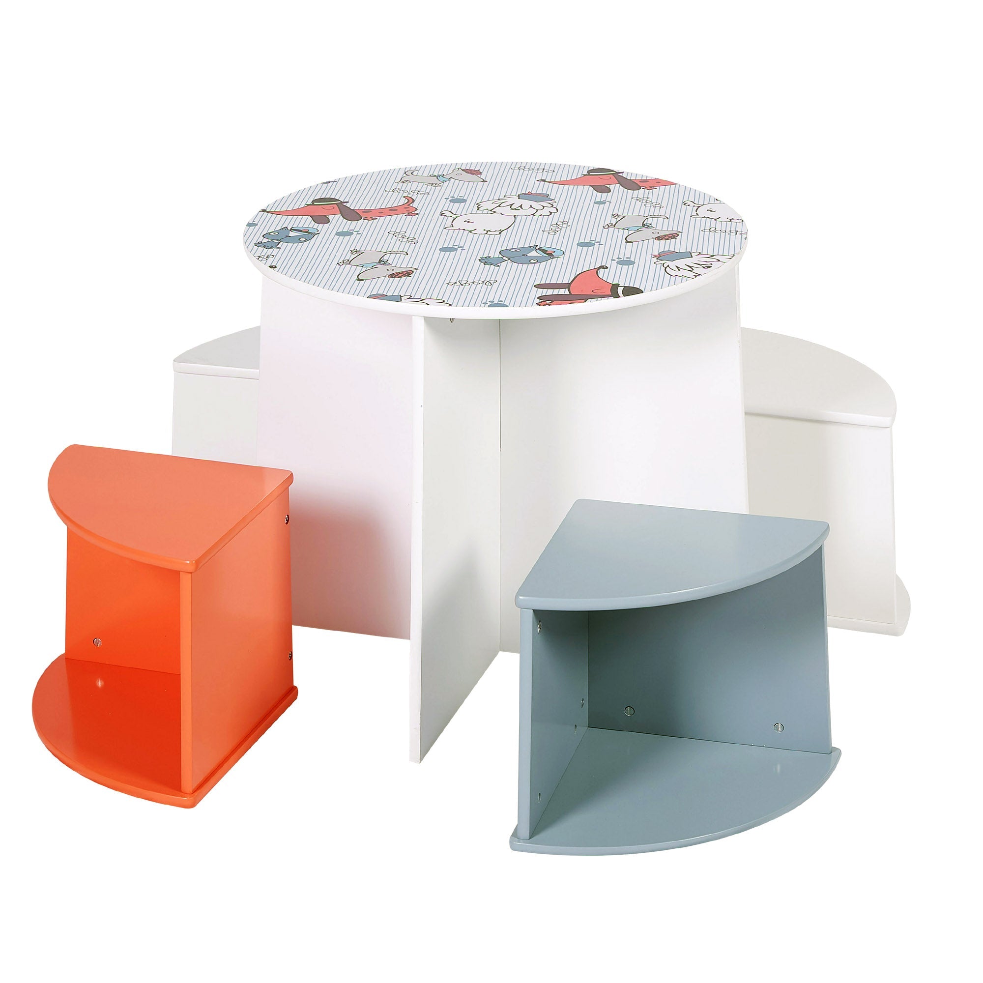 Детска Дървена Маса, Кръгла С 4 Стабилни Столчета, Комплект С Компактен Дизайн - Dogs - Масички И Столчета - Ginger Home - BebeMama