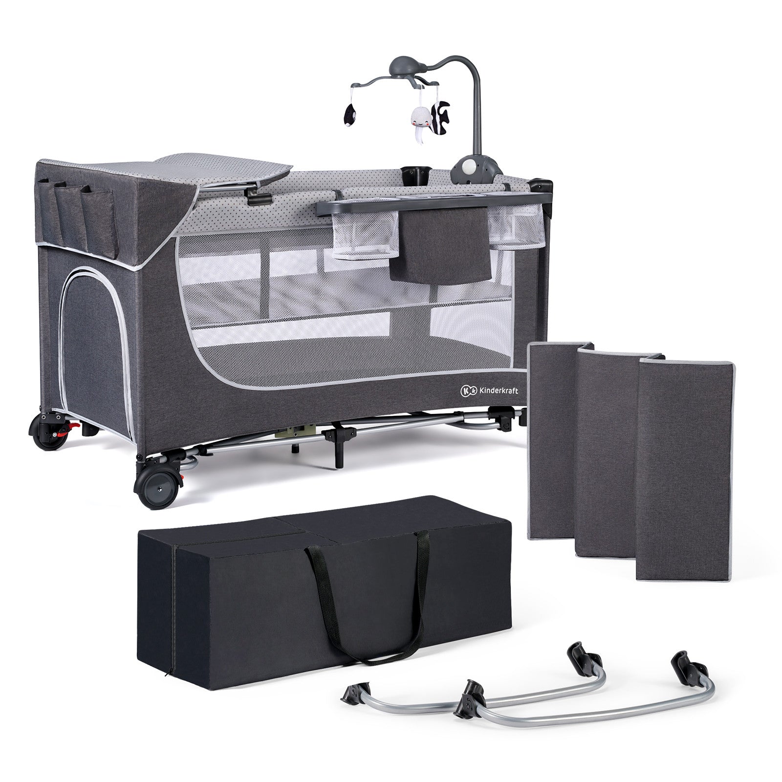 Бебешка кошара с аксесоари KinderKraft LEODY 2022 FULL Сива --- BebeMama