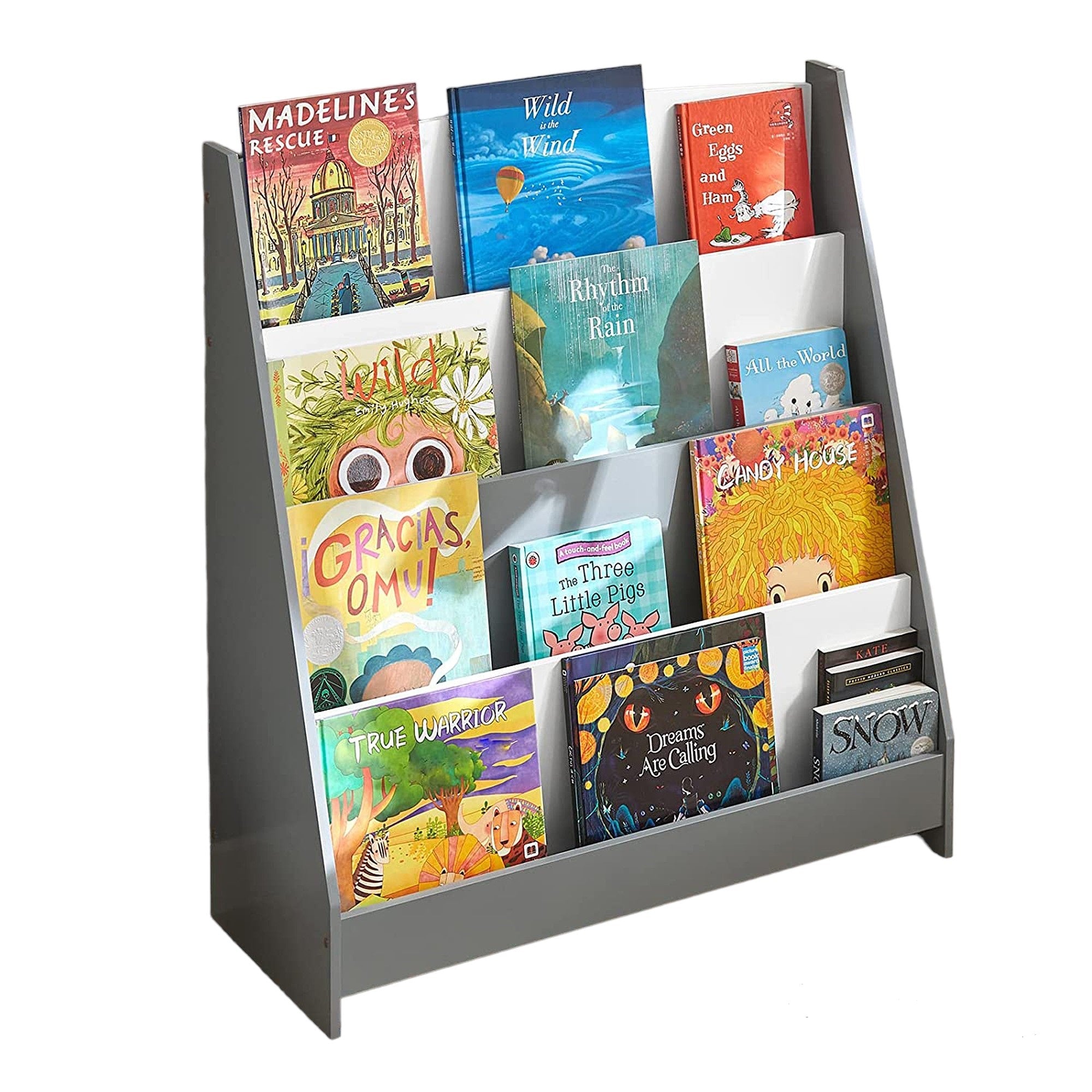 Детска Етажерка За Книжки И Списания, Библиотека С Рафтове, Дървена Секция - Бяло И Сиво --- BebeMama