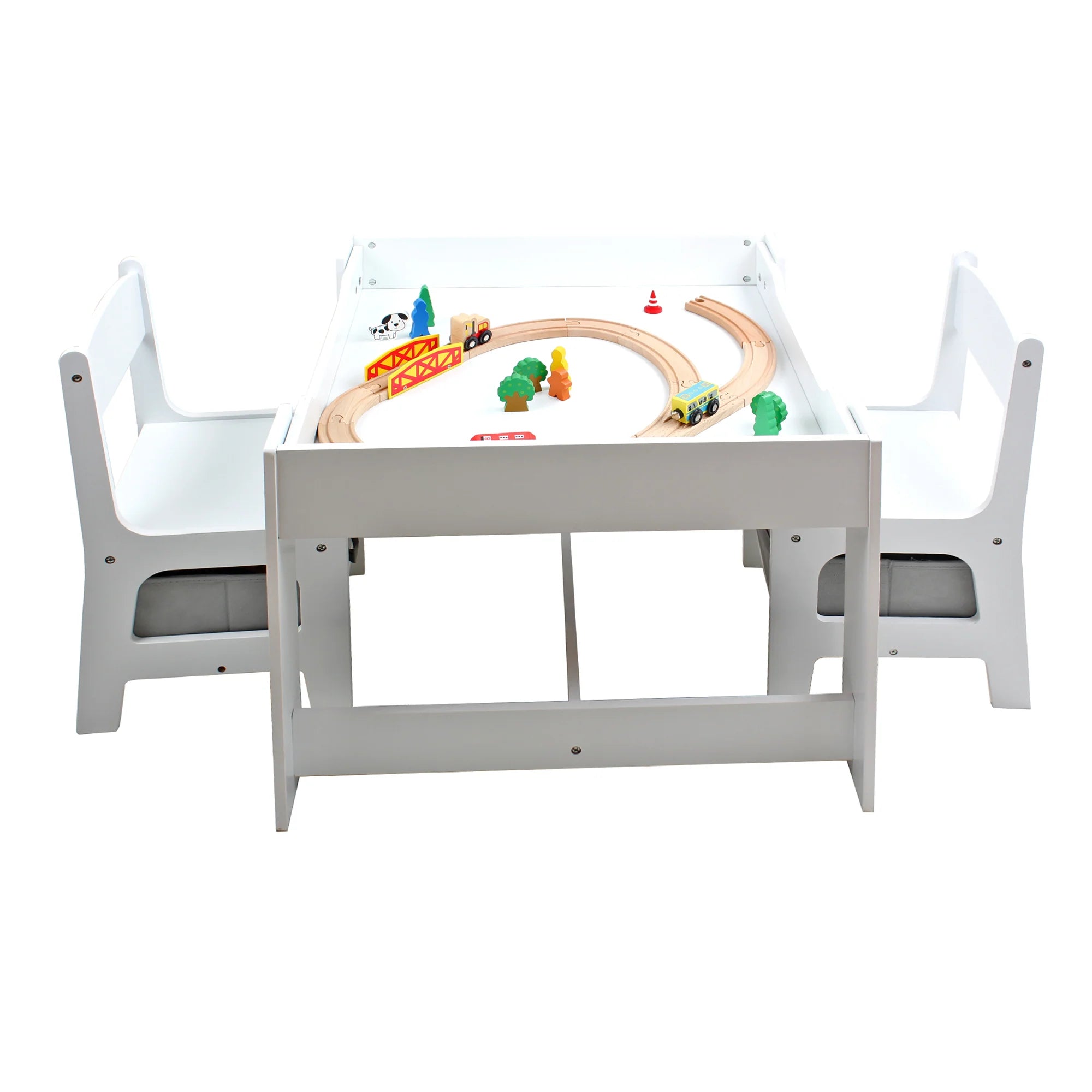 Детска Маса С 2 Столчета, Двустранна С Черна Дъска, Кутии За Съхранение, Комплект От Дърво - За Игра, Учене, Хранене - White --- BebeMama