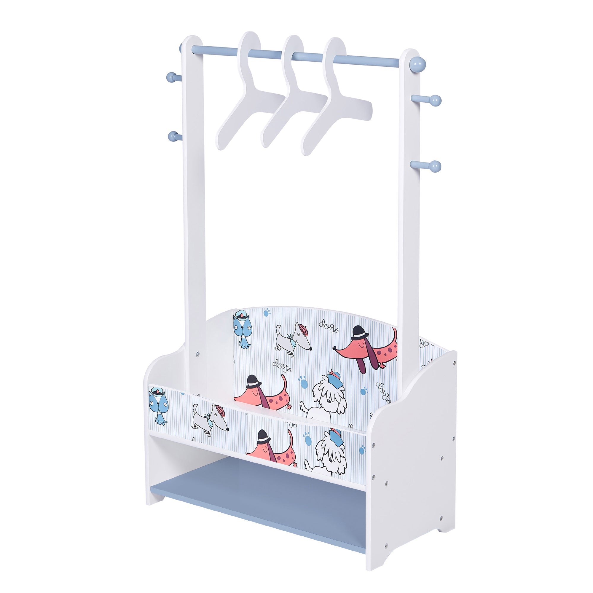 Стойка За Детски Дрехи От Дърво С Рафтове За Съхранение Закачалка Със Странични Куки Открит Гардероб - Dogs --- BebeMama