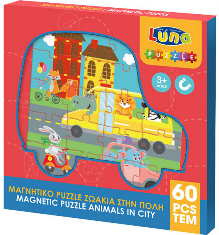 Puzzle magnetic 60 de piese Animale în oraș 18x18x2 Conține 3 puzzle-uri a câte 20 de piese fiecare