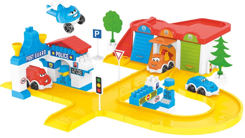 Set de construcție secție de poliție cu parcare, 99 de piese electrice, 4 modele cu șină 37x28x19