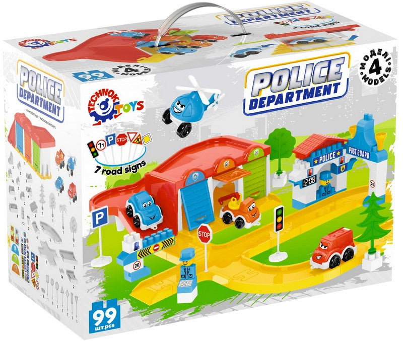 Set de construcție secție de poliție cu parcare, 99 de piese electrice, 4 modele cu șină 37x28x19