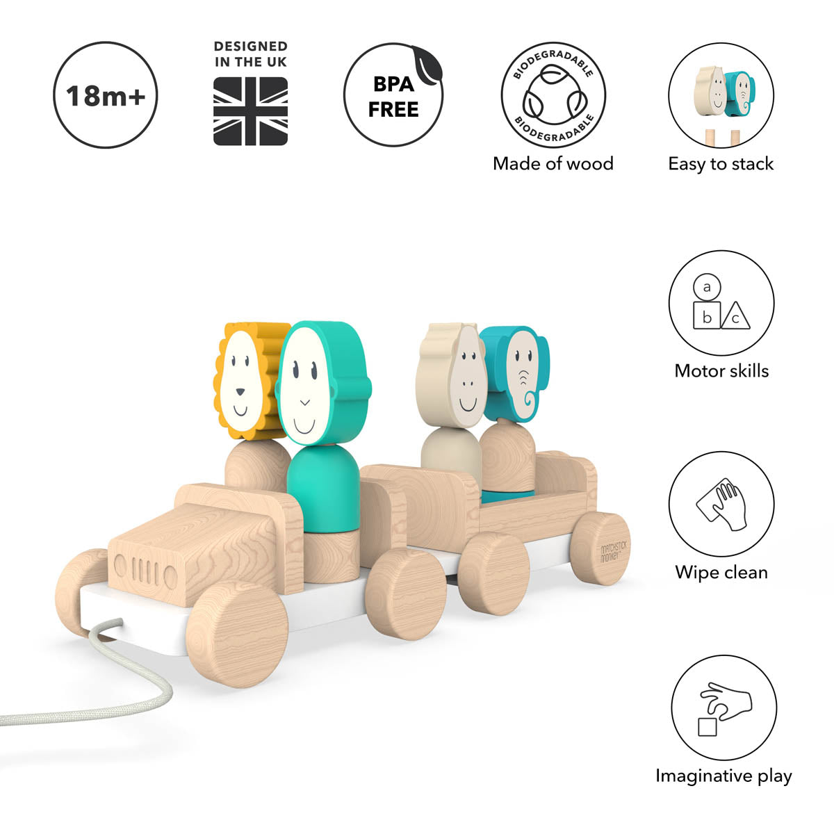 Matchstick Monkey Дървена Играчка За Дърпане И Сортиране - Safari Jeep