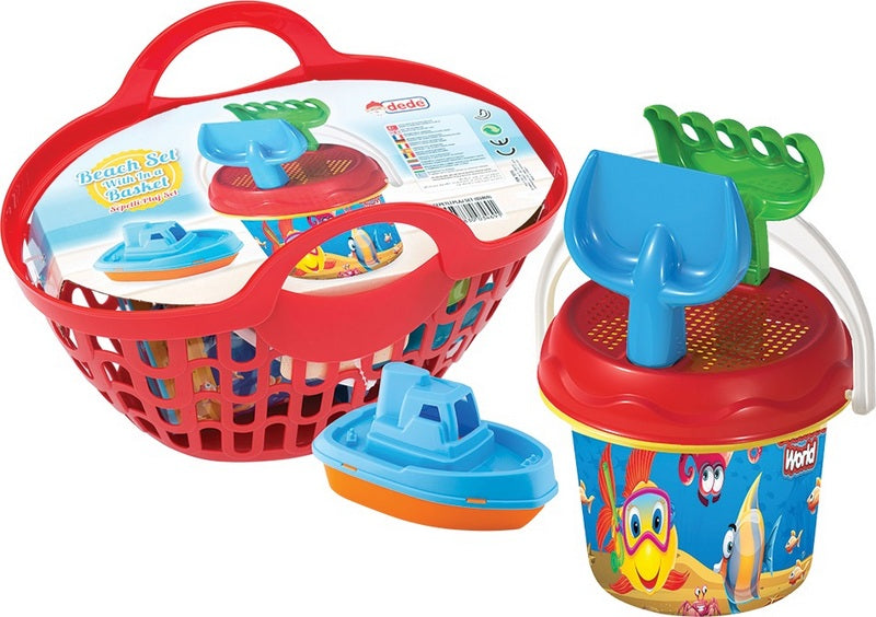 Coș cu găleată și set de plajă cu barcă 30x19x21