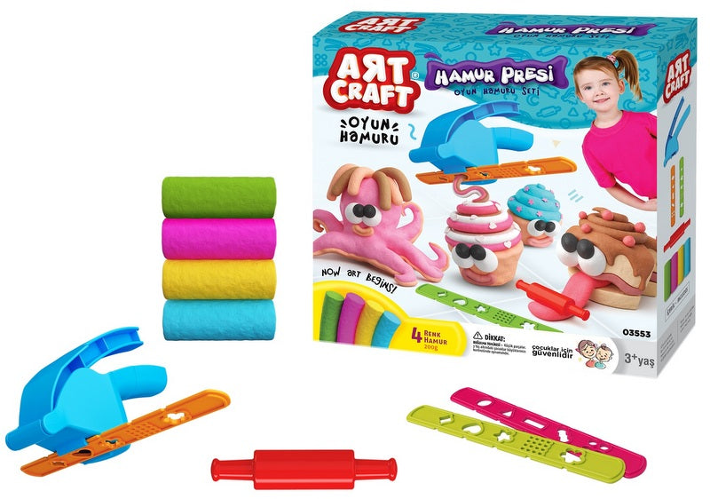 Presă și plastilină K-T 4x50 gr cu 2 matrici și rolă 22x6x22