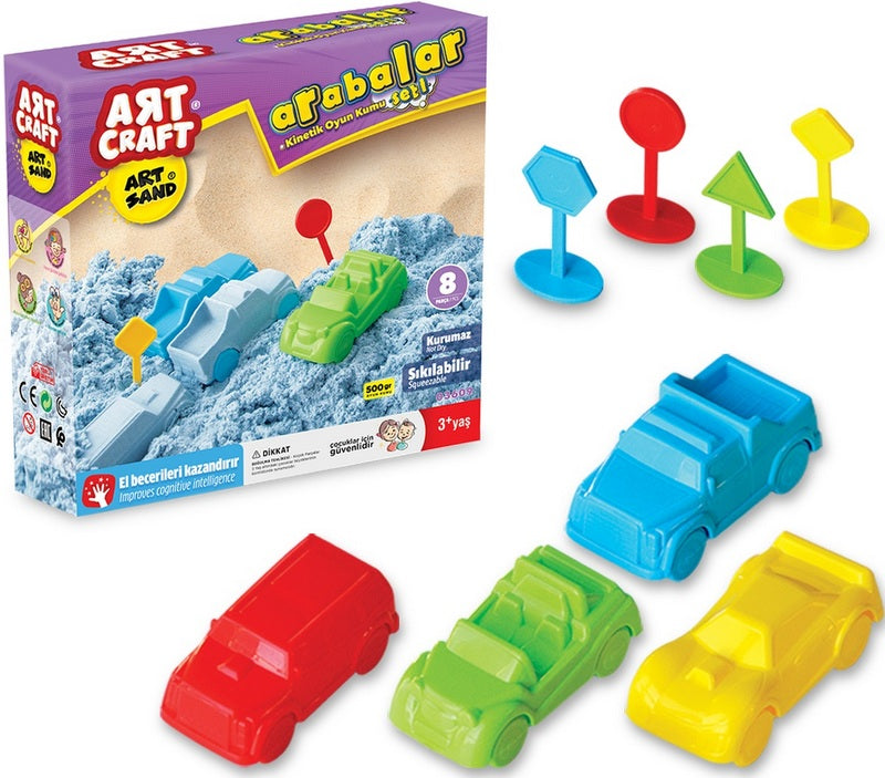 Nisip Kinetic Cars 500g, 4 buc. Matrici 3D și 4 indicatoare rutiere 22x6x22