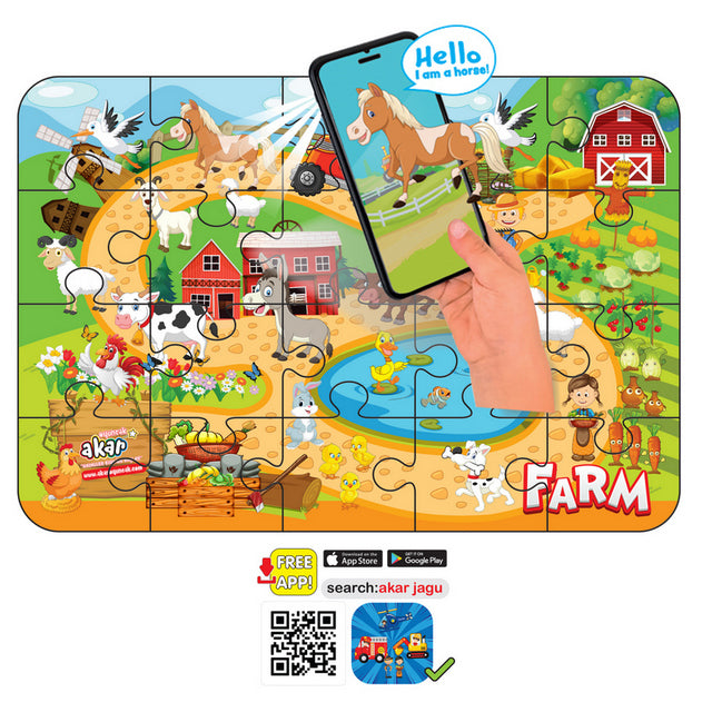 Puzzle bulgar cu animale de la fermă, 20 de piese, dimensiuni 48x33, cu realitate augmentată 20x24x7, în 16 limbi, fabricat din spumă EVA