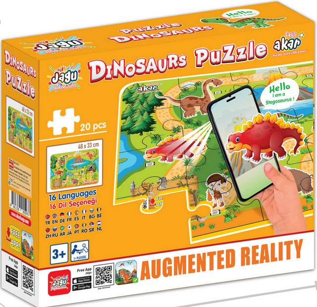 Puzzle cu dinozauri, 20 de piese, dimensiuni 48x33, cu realitate augmentată 20x24x7, în 16 limbi, din spumă Eva, pentru vorbire și narațiune în limba bulgară