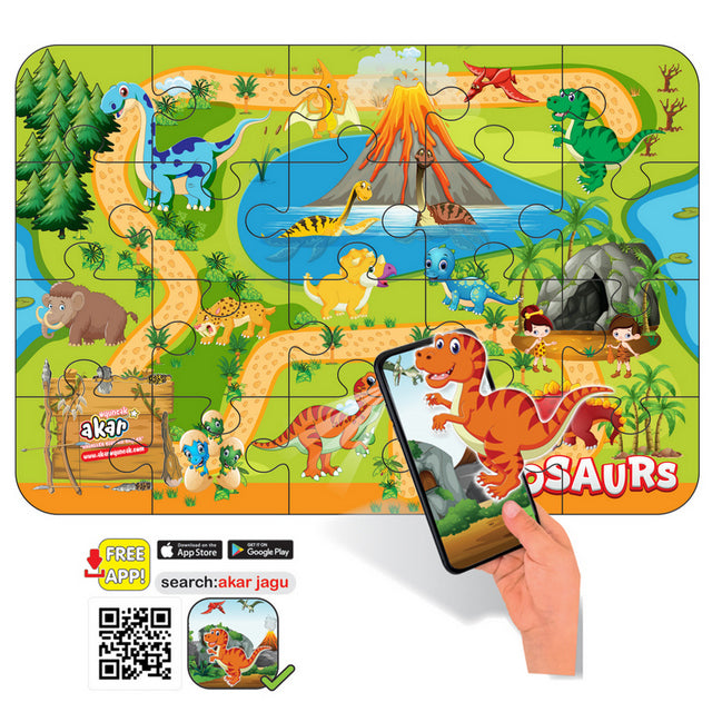 Puzzle cu dinozauri, 20 de piese, dimensiuni 48x33, cu realitate augmentată 20x24x7, în 16 limbi, din spumă Eva, pentru vorbire și narațiune în limba bulgară