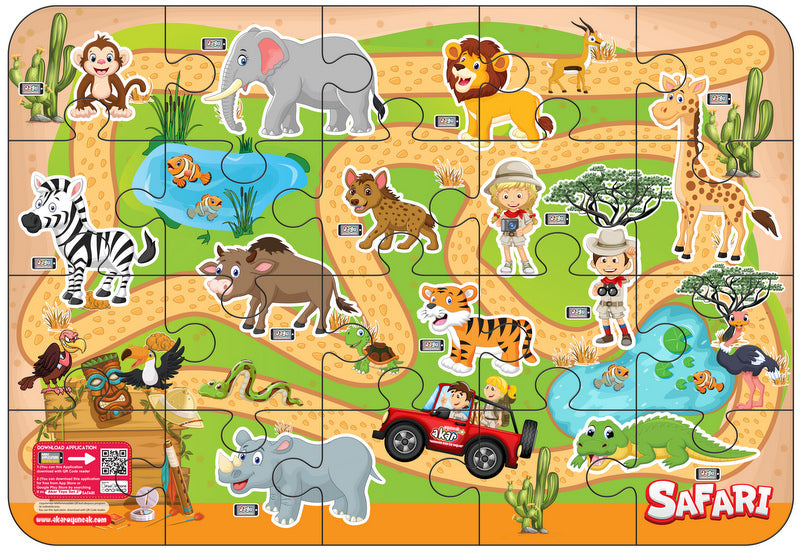 Puzzle bulgar Safari, 20 de piese, cu dimensiuni 48x33, cu realitate augmentată 20x24x7, în 16 limbi, din spumă Eva