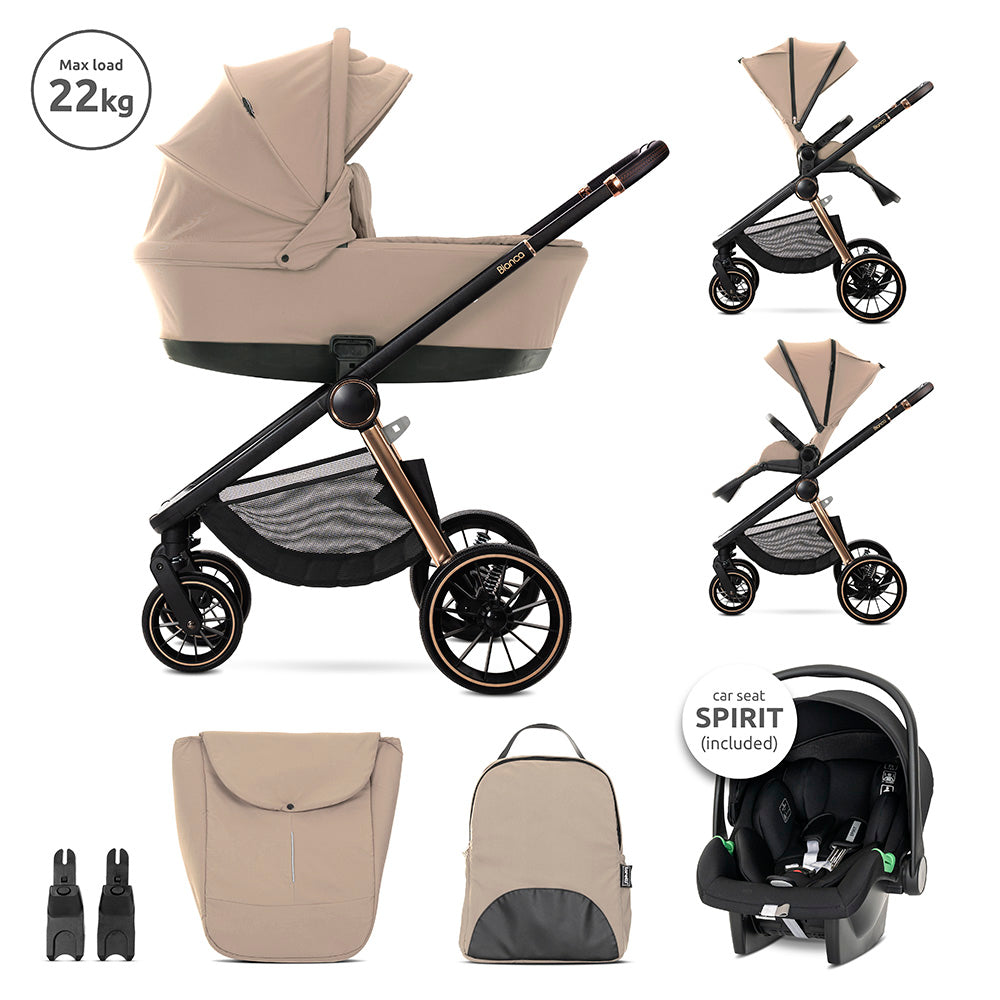 Cărucior D. Bianca Beige Warm 3 în 1 până la 22 cu coș pentru