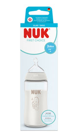 First Choice Стъклено Шише Temperature Control 240мл. Със Силиконов Биберон За Хранене 3+мес. Р Р М, Морско Конче, Бяло Nuk