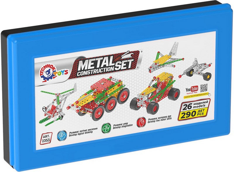 Cutie de plastic Metal Constructor 31X18X4 cu șuruburi, piulițe, unelte și anvelope pentru tehnicieni tineri, 27 de modele