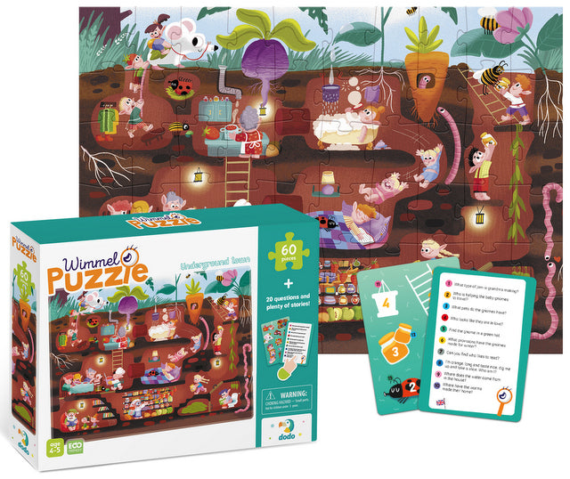 Puzzle pentru observarea lumii subterane, 60 de piese, 18 x 24 x 4, găsiți ce este unde și răspundeți la întrebările de pe cărțile în limba bulgară