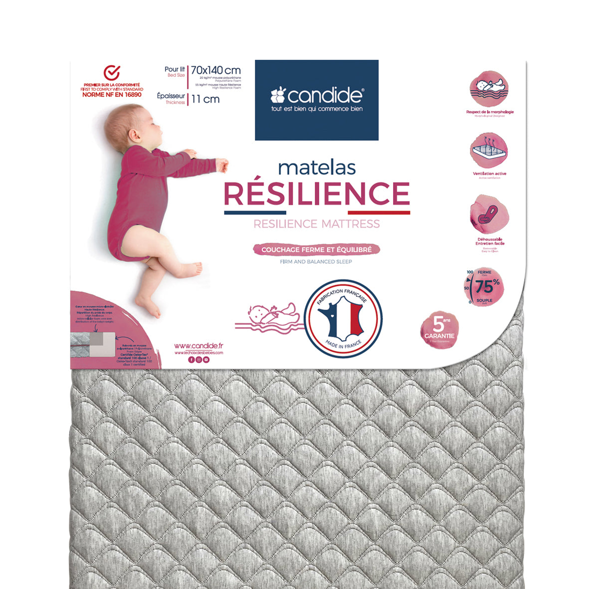 Saltea ergonomică și durabilă pentru bebeluși 70x140cm (grosime 11cm) Candide