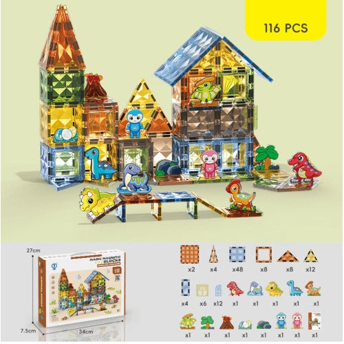 Set de construcție magnetic Dino Attack pentru copii cu căsuță și 116 piese