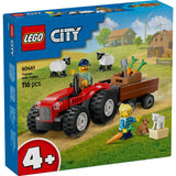 Lego piros farmtraktor pótkocsival és báránnyal