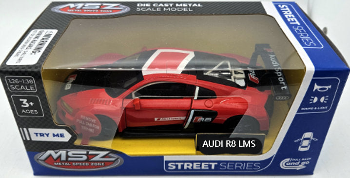 Mașină model metalic precisă 1:32 Audi R8 LM Power Up cu uși de deschidere prin tragere, lumină și sunet la apăsarea capacului sau la deschiderea ușii