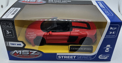 Mașină model metalică precisă 1:32 Audi R8 Spyder Power Up cu uși de deschidere trageți înapoi, lumină și sunet la apăsarea capacului sau la deschiderea ușii