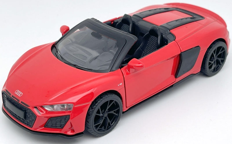 Mașină model metalică precisă 1:32 Audi R8 Spyder Power Up cu uși de deschidere trageți înapoi, lumină și sunet la apăsarea capacului sau la deschiderea ușii