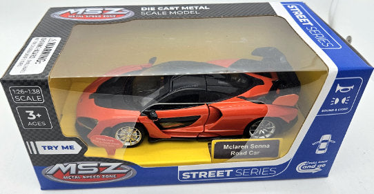 Mașină model metalică precisă 1:32 McLaren Senna Power Up cu deschidere trageți înapoi ușile capacului și portbagajului lumină și sunet la apăsarea capacului sau la deschiderea ușii