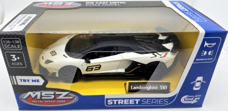 Mașină model metalică precisă 1:32 Lamborghini Aventador SVJ Power Up cu uși deschise prin tragere, capac și portbagaj, lumină și sunet la apăsarea capacului sau la deschiderea ușii