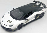 Mașină model metalică precisă 1:32 Lamborghini Aventador SVJ Power Up cu uși deschise prin tragere, capac și portbagaj, lumină și sunet la apăsarea capacului sau la deschiderea ușii