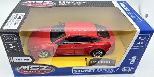 Mașină model metalic precisă 1:35 Audi RS 7 Sportback Power Up cu uși de deschidere prin tragere, lumină și sunet la apăsarea capacului sau la deschiderea ușii