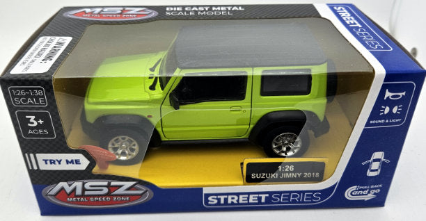 Mașină model metalic precis 1:26 Suzuki Jimny 2018 Power Up cu uși de deschidere prin tragere, lumină și sunet la apăsarea capacului sau la deschiderea ușii
