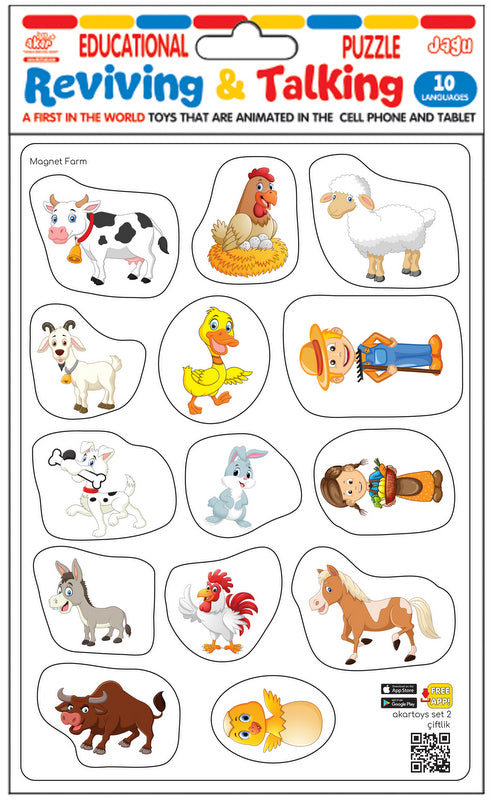 Magneți bulgări cu animale de la fermă, cu dimensiuni 11x14, total 14 el., cu realitate augmentată 22x16x0,3, în 16 limbi, din spumă EVA