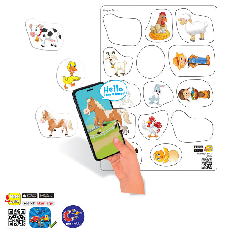 Magneți bulgări cu animale de la fermă, cu dimensiuni 11x14, total 14 el., cu realitate augmentată 22x16x0,3, în 16 limbi, din spumă EVA