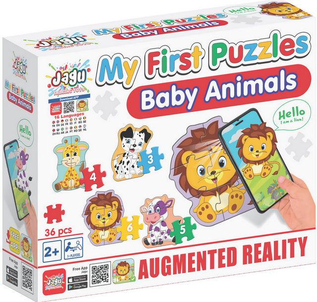 Puzzle-uri cu animale de companie pentru cei mici, de la 3 la 6 ani, cu dimensiuni de 13 x 55 cm, total 36 de unități. 8 modele cu realitate augmentată de 26 x 21 x 7 cm, în 16 limbi, din spumă EVA.