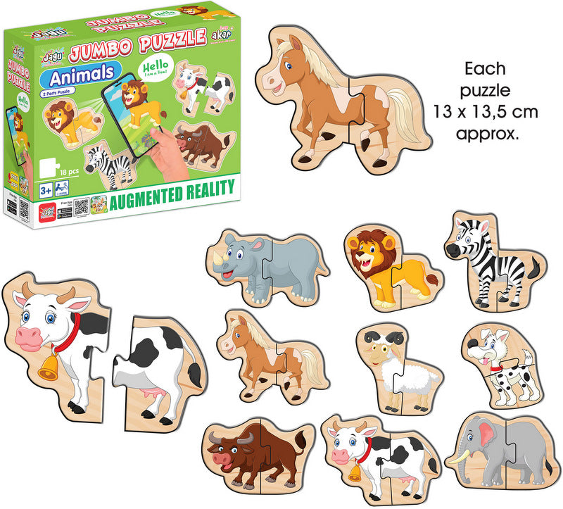 Puzzle-uri cu animale bulgare, vorbitoare și narative, pentru cei mici, cu dimensiuni 13x14, total 18 piese, câte 9 animale, fiecare câte 2 piese, cu realitate augmentată 21x26x7, în 16 limbi, din spumă Eva.