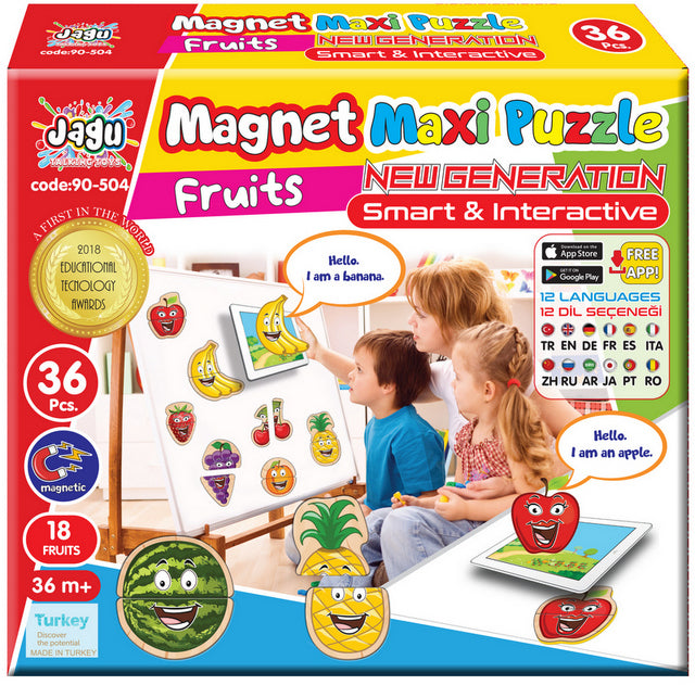 Puzzle-uri magnetice cu fructe, vorbind și povestind în bulgară, pentru cei mici, cu dimensiuni 11x14, total 36 de piese, 18 modele a câte 2 piese, cu realitate augmentată 20x17x4, în 16 limbi, din spumă EVA