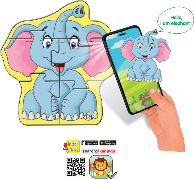 Puzzle cu elefant, 5 piese, dimensiuni 16x13, cu realitate augmentată în 16 limbi, fabricat din spumă EVA, care vorbește și nara în limba bulgară