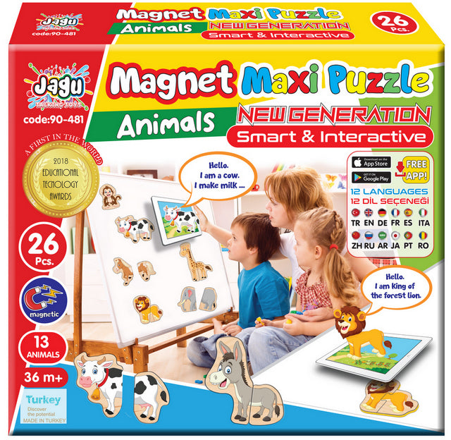 Puzzle-uri magnetice cu animale, vorbind și povestind în limba bulgară, pentru cei mici, cu dimensiuni 11x14, total 26 de piese, 13 modele a câte 2 piese, cu realitate augmentată 20x17x4, în 16 limbi, din spumă Eva