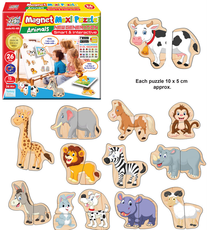 Puzzle-uri magnetice cu animale, vorbind și povestind în limba bulgară, pentru cei mici, cu dimensiuni 11x14, total 26 de piese, 13 modele a câte 2 piese, cu realitate augmentată 20x17x4, în 16 limbi, din spumă Eva